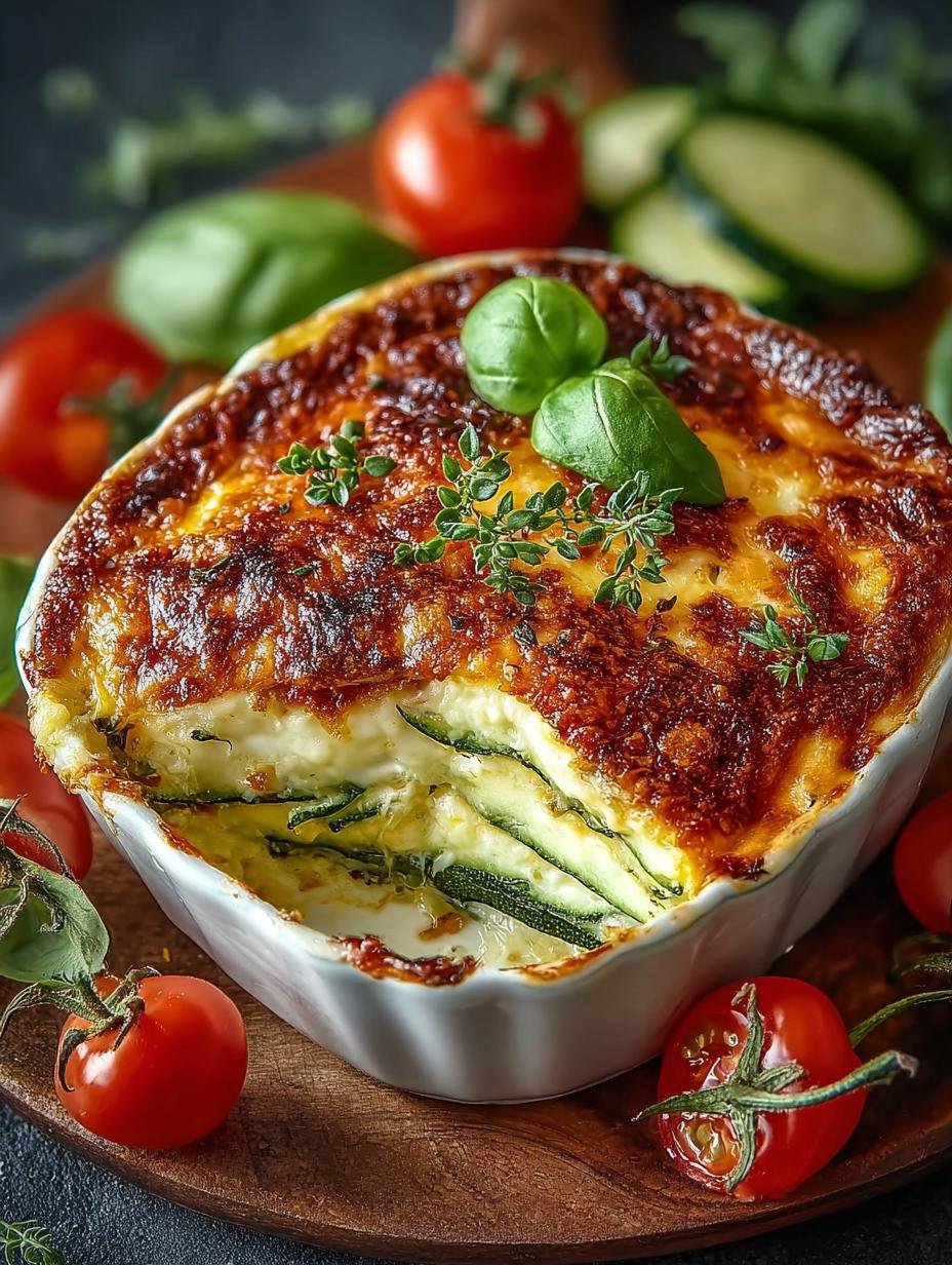 Close-up van een portie Zucchini Lasagne Low Carb op een bord, met lagen courgette, gehakt en gesmolten kaas, klaar om te eten.